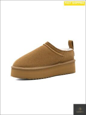 Genuine Suede Slip On Platform Slippers Cozy Faux Fur Snow Booties